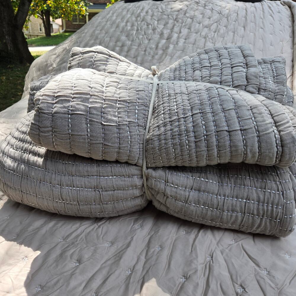 NWOT Quince 100% Organic Cotton Channel Stitch Coverlet Set King Cal King Taupe - Picture 6 of 10